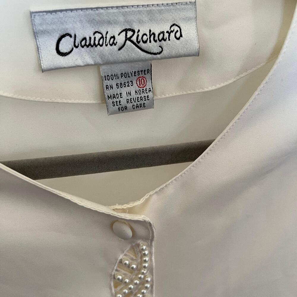 Vintage Claudia Richard Cream Faux Pearl Cutout Blouse Size 10 - Picture 4 of 7